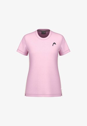 Camiseta de manga corta color rosa claro, confeccionada en una tela suave, que cuenta con cuello redondo y un pequeño logo negro en el lado izquierdo del pecho.