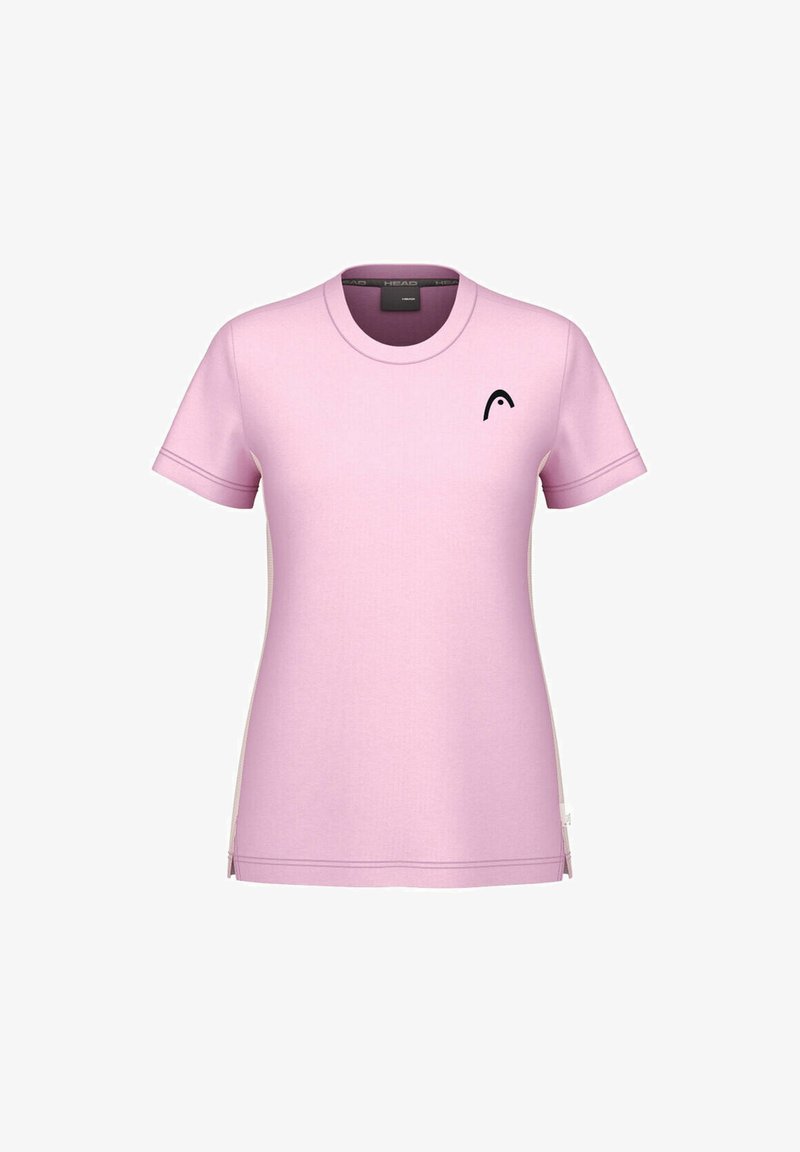 T-shirt a maniche corte di colore rosa chiaro realizzato in tessuto morbido, presenta un collo rotondo e un piccolo logo nero nella zona sinistra del petto.