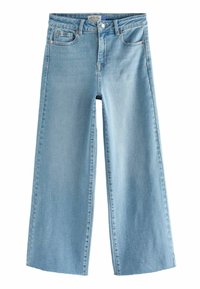Jeans de pierna ancha en denim azul claro. Presenta una cintura alta, bolsillos delanteros y detalles de costura, con un ajuste relajado a lo largo de las piernas.