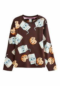 Rudas ilgomis rankovėmis marškiniai su žaismingu pieno pakuočių ir sausainių raštu, su margu tekstūra ir spalvingomis grafika.