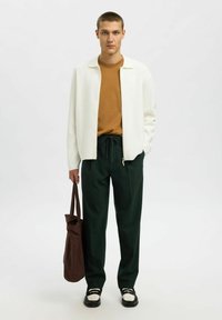 Balts džemperis, brūns T-krekls, tumši zaļas bikses, melni apavi ar baltām akcentiem un brūna rokassoma. Vienkārša fona.