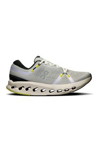 Lightweight running shoe in grey with white and yellow accents. Features mesh upper, cushioned sole, and cut-out sections for breathability.