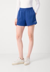 Calções azuis feitos de tecido leve, com um cós elástico e bolsos laterais. Um pequeno logótipo da marca é visível na bainha.