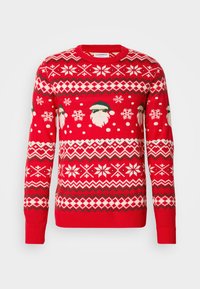 Roten Strickpullover mit Santa-Motiven, Schneeflocken und geometrischen Mustern in Weiß und Grün. Gerippte Bündchen und Saum, Rundhalsausschnitt.
