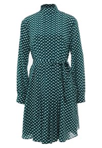 Grön mönstrad klänning med långa ärmar, hög hals och knyt i midjan, med ett upprepande blommönster i vitt. Tillverkad av lättviktig tyg.