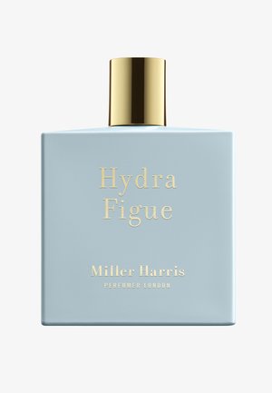 Frosted hellblau rechteckige Glasflasche mit einem goldenen Deckel. Goldener Text lautet "Hydra Figue" und "Miller Harris, Parfümeur London."