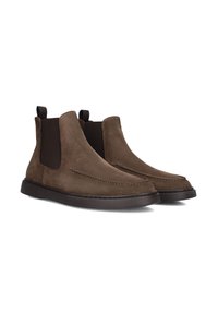 Bruine suède Chelsea-boots met elastische zijkanten, ronde neuzen en platte rubberen zolen. Stiksels langs de randen.