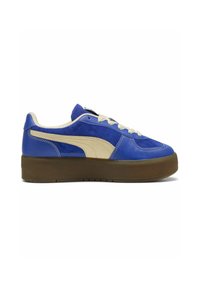 Adidași albaștri cu un superior moale din suede și piele. Prezintă accente de culoare crem, talpă din cauciuc texturat de culoare maro și șireturi albe.