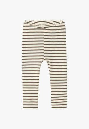 Randiga leggings i mjukt tyg, med växlande krämfärgade och bruna ränder, ribbad textur och resårmidja.