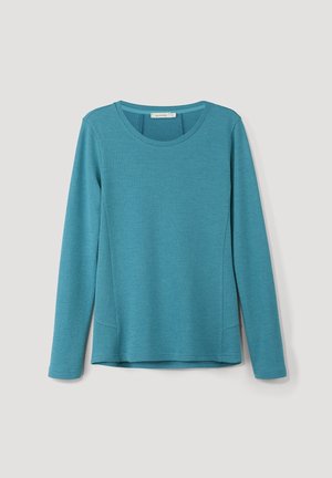 Langærmet trøje i teal, strikket tekstur, rund halsudskæring, sidesøm detaljer og let afslappet pasform. Ingen synlige logoer eller mønstre.