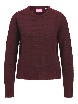 Pikkade varrukatega bordoopunane kootud kampsun tekstuurse mustriga, ümmarguse kaelusega, soonikult mansettide ja äärega, valgel taustal.