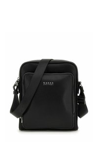 Borsa a tracolla in pelle nera con finitura testurizzata, chiusura con zip, tracolla regolabile e tasca frontale con logo.