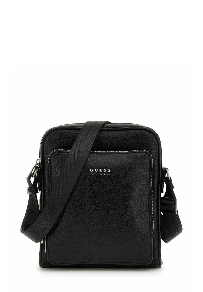 Borsa a tracolla in pelle nera con finitura testurizzata, chiusura con zip, tracolla regolabile e tasca frontale con logo.