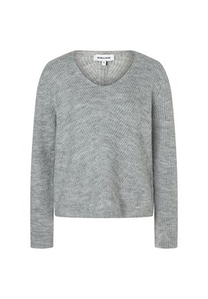 Hellgrauer Strickpullover mit langen Ärmeln, einem dezenten Zickzackmuster und einem Rundhalsausschnitt.