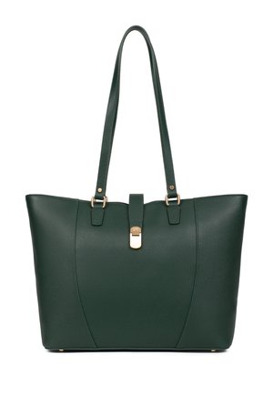 Donkergroene leren shopper met twee lange banden en een gouden sluiting aan de voorkant in het midden.