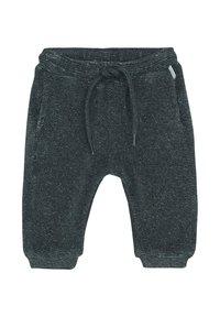 Dunkelgraue gestrickte Babyhose mit elastischem Bund, Kordelzug, Seitentaschen und gerippten Bündchen.