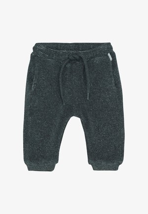 Donkergrijze gebreide babybroek met een elastische tailleband, trekkoord, zijzakken en geribde manchetten.
