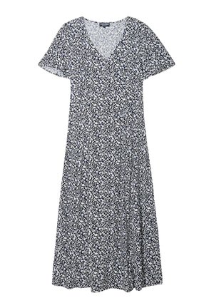 Vestido floral en azul marino con patrones de flores en blanco y azul claro. Escote en V, mangas cortas y una silueta fluida. Tejido ligero.