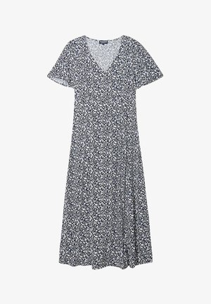 Robe florale bleu marine avec des motifs de fleurs blanches et bleu clair. Décolleté en V, manches courtes et silhouette fluide. Tissu léger.