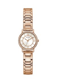 Roosa kuldne metallkell, millel on ümmargune kellFace, valge dials ja kristallkaunistused bezel'i ümber. Rihmal on ristkülikukujulised lingid.