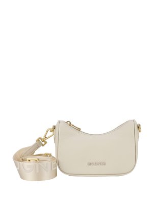 Mała beżowa skórzana torebka na ramię z złotym zamkiem błyskawicznym i okuciami, odpinany beżowy pasek z dużym napisem "BOGNER".