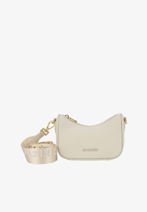 Mała beżowa skórzana torebka na ramię z złotym zamkiem błyskawicznym i okuciami, odpinany beżowy pasek z dużym napisem "BOGNER".