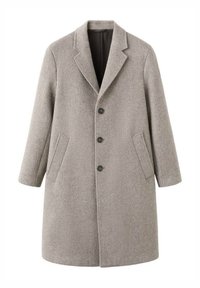 Grijze pied-de-poule overjas met een reverskraag, lange mouwen, een voorsluiting met vier knopen en twee zijzakken. Textuur van wollen stof.