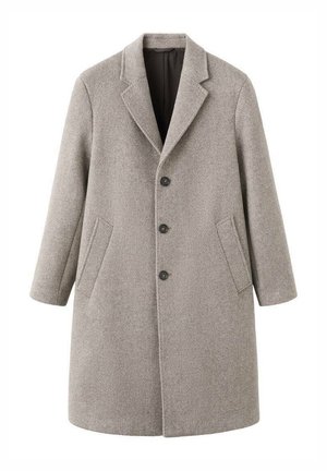 Grauer Hahnentritt-Übermantel mit Reverskragen, langen Ärmeln, vier Knöpfen vorn und zwei Seitentaschen. Strukturiertes Wollgewebe.