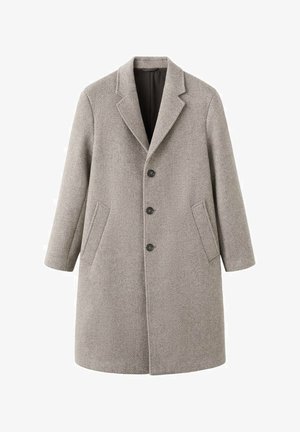 Palton gri cu model houndstooth, cu guler decupat, mâneci lungi, închidere frontală cu patru nasturi și două buzunare laterale. Material din lână texturată.