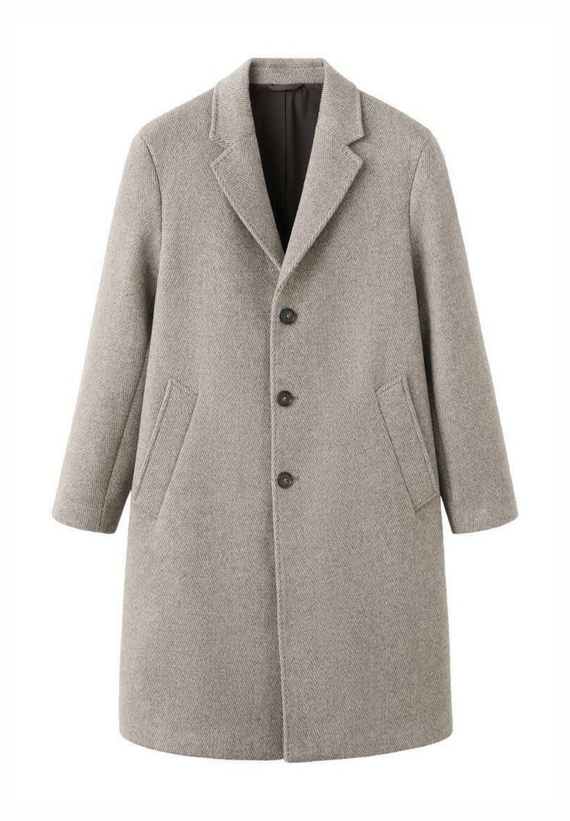 Grauer Hahnentritt-Übermantel mit Reverskragen, langen Ärmeln, vier Knöpfen vorn und zwei Seitentaschen. Strukturiertes Wollgewebe.