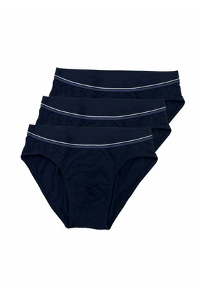 Tre slip da uomo blu navy impilati con fasce elastiche in vita caratterizzate da una sottile striscia grigio chiaro su sfondo bianco.