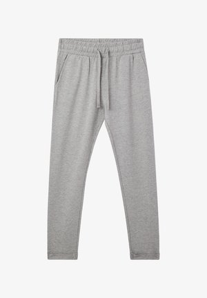 Jasnoszare bawełniane spodnie dresowe z elastycznym pasem, sznurkiem, bocznymi kieszeniami i zwężającymi się nogawkami.