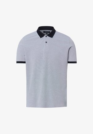 Jasnoszara koszulka polo z krótkim rękawem, czarnym kołnierzykiem i mankietami na rękawach, z dwoma czarnymi guzikami na plisie.