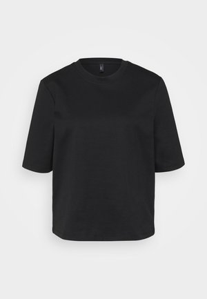 Czarny t-shirt z okrągłym dekoltem, wykonany z bawełny, z krótkimi rękawami i luźnym krojem. Gładka tekstura bez widocznych wzorów czy akcentów.