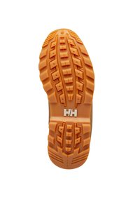 Sole boty s hlubokými vzory, vyrobená z oranžového gumového materiálu a s bílým logem. Design obsahuje drážky pro lepší přilnavost.