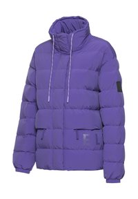 Purple puffer jacket with a high collar, elastic cuffs, and adjustable drawstrings. Features a glossy logo detail on the front.