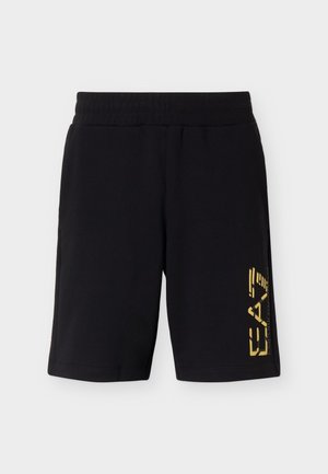 Czarne spodenki do kolan z elastycznym pasem i złotym logo "EA7 Emporio Armani" na dolnej prawej nogawce.