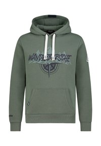 Grüne Kapuzenjacke mit einer Vordertasche, die ein grafisches Design von Bergen und einem Kompass zeigt. Weiße Kordeln und gerippte Bündchen runden den Look ab.