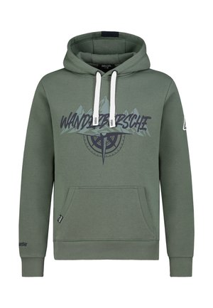 Grüne Kapuzenjacke mit einer Vordertasche, die ein grafisches Design von Bergen und einem Kompass zeigt. Weiße Kordeln und gerippte Bündchen runden den Look ab.