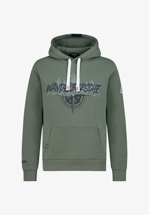 Grüne Kapuzenjacke mit einer Vordertasche, die ein grafisches Design von Bergen und einem Kompass zeigt. Weiße Kordeln und gerippte Bündchen runden den Look ab.