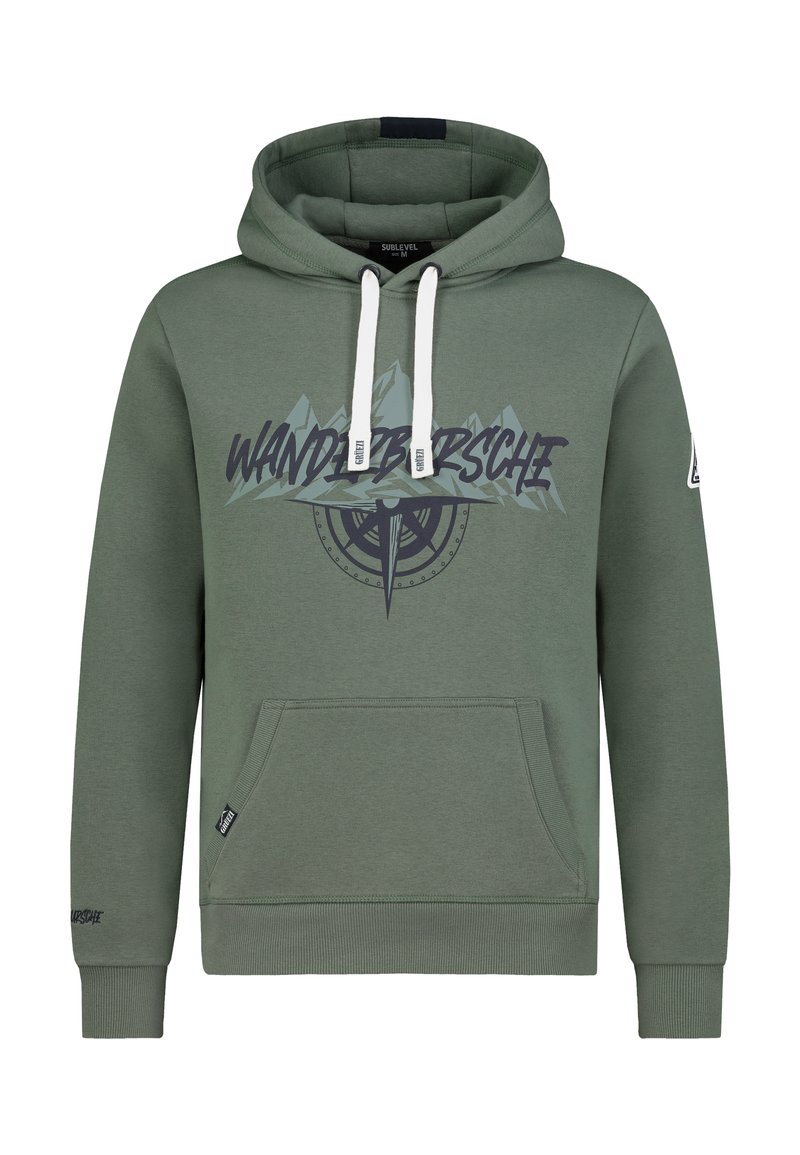Grüne Kapuzenjacke mit einer Vordertasche, die ein grafisches Design von Bergen und einem Kompass zeigt. Weiße Kordeln und gerippte Bündchen runden den Look ab.
