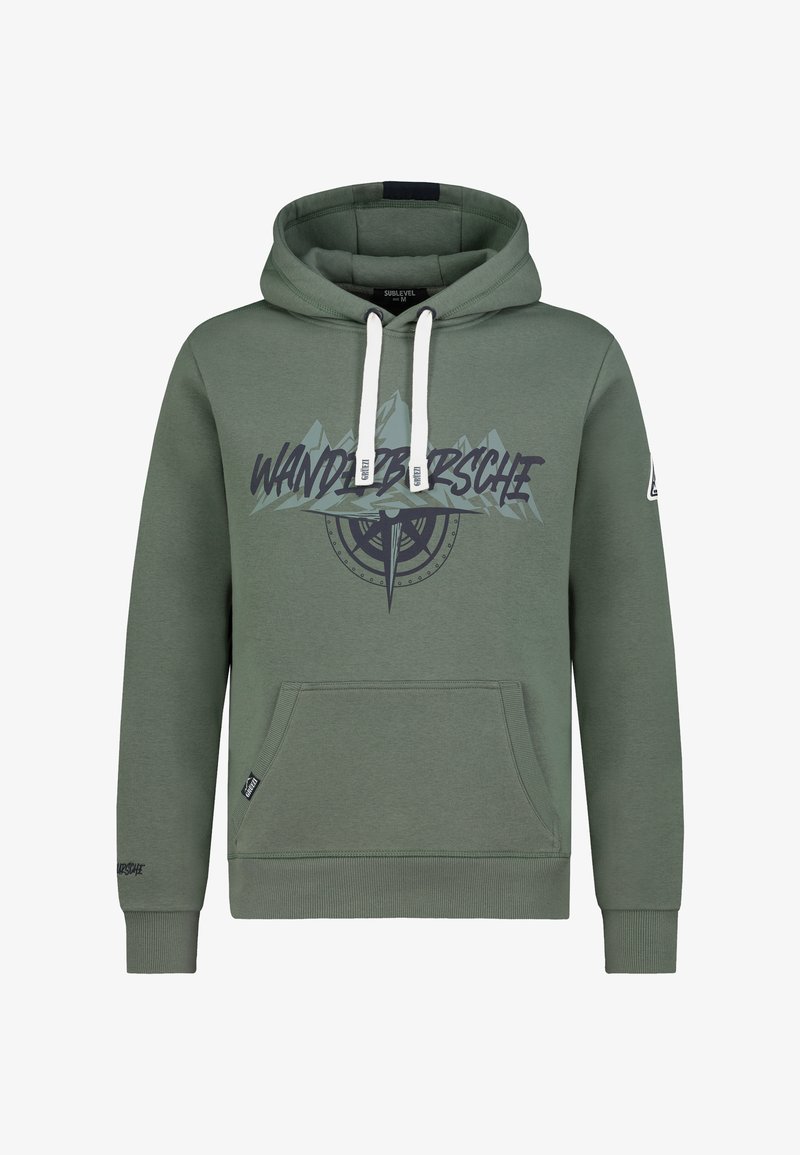 Groene hoodie met een voorzak, voorzien van een grafisch ontwerp van bergen en een kompas. Witte trekkoorden en ribbelmanchetten maken de look compleet.