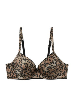 Leopardenmuster-BH mit gepolsterten Körbchen, verstellbaren schwarzen Trägern und gesteppten Details entlang der Ränder. Hergestellt aus glattem Stoff.