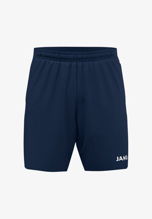 Marinefarbene Sportshorts aus leichtem Material, mit einem elastischen Bund und einem weißen Logo an der unteren rechten Vorderseite.