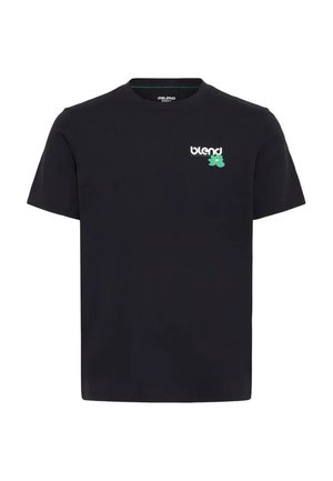 Camiseta negra de manga corta con cuello redondo con pequeño logo blanco "blend" y gráfico floral verde en la parte superior izquierda del pecho.