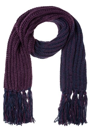 Dzianinowy szalik z gradientem od głębokiego fioletu do granatowego, zakończony frędzlami. Teksturowany, luźno tkany wzór zapewnia ciepło.