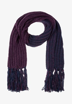 Gestrickter Schal mit Farbverlauf von tiefem Lila zu Marineblau und Fransen an den Enden. Die strukturierte, locker gewebte Gestaltung sorgt für Wärme.