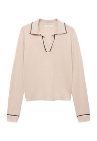 Beige Pullover mit Kragen und V-Ausschnitt. Mit schwarzem Besatz entlang des Kragens und der Bündchen. Hergestellt aus einem weichen, gestrickten Stoff.