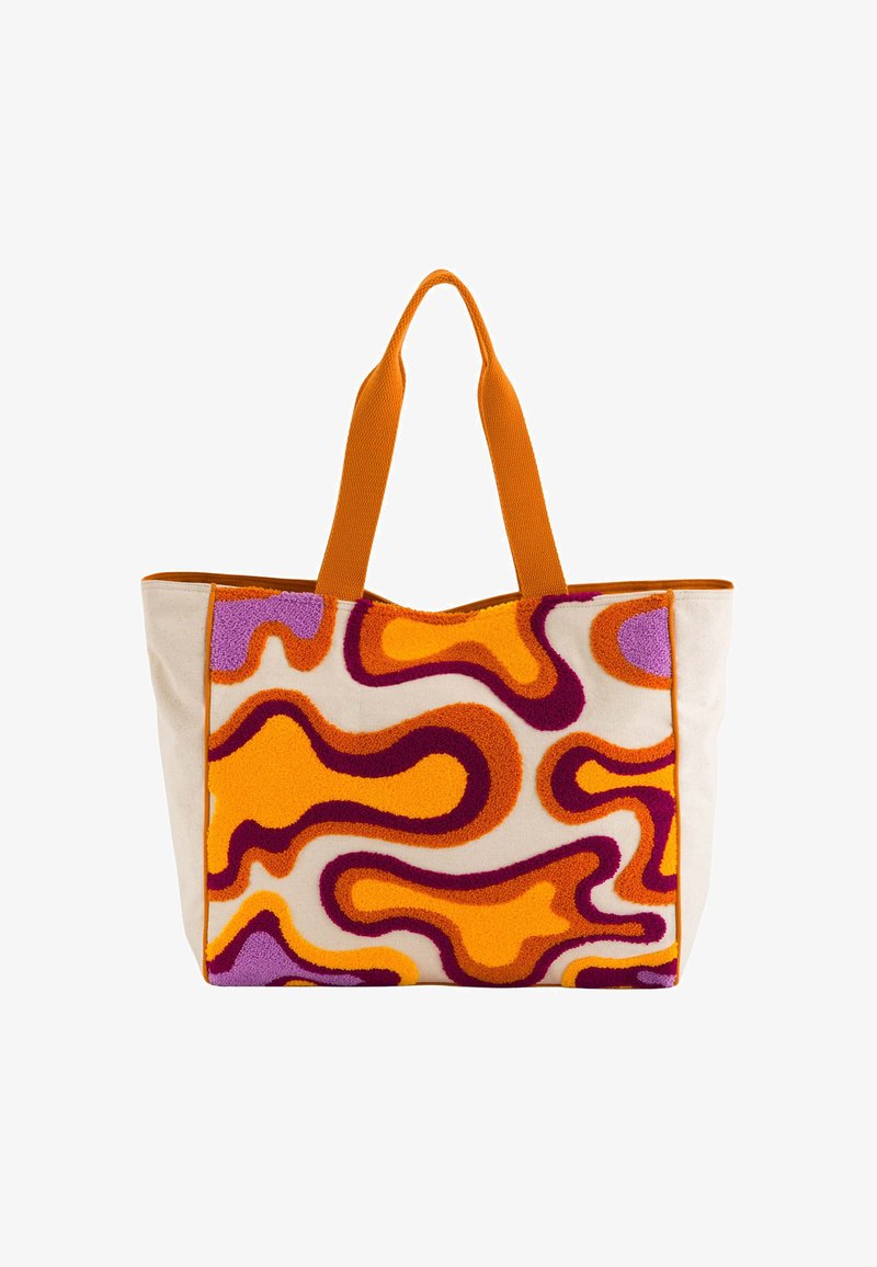 Geantă tip tote cu un model abstract de spirale portocalii, violet și burgundy pe un fundal crem; bretele din țesătură portocalie și o textură moale.