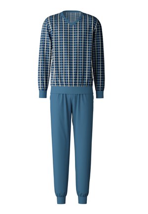 Top a maniche lunghe a quadri blu con scollatura a V, abbinato a pantaloni blu uniformi. Entrambi i pezzi hanno polsini e vita elasticizzati.